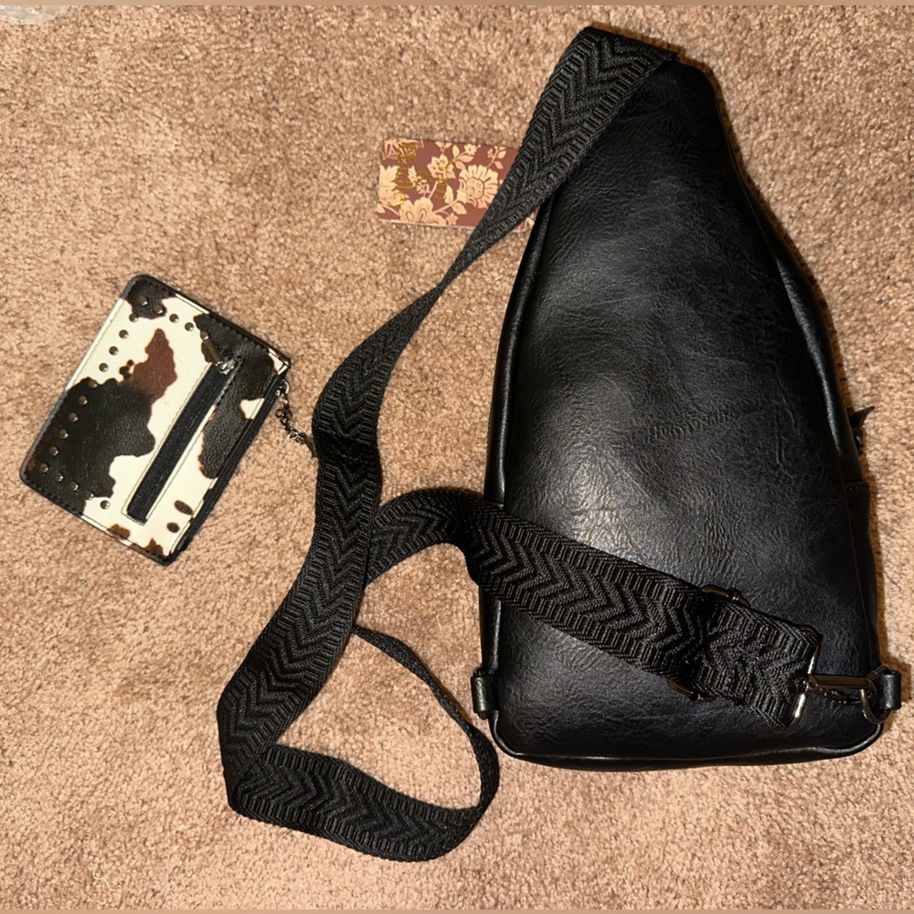 Black Faux Leather Sling Bag with Cowhide Accent Coin Purse - Picture 3 of 3
